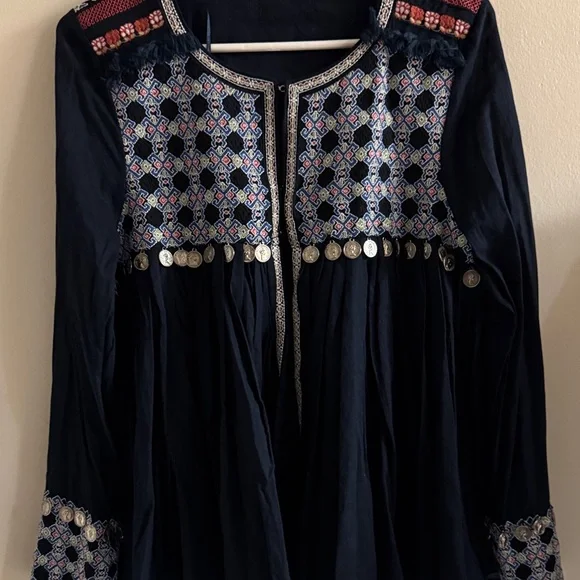 Zara Embroidered -Boho open jacket top with coin accents- Dark Navy Blue - Picture 2 of 16